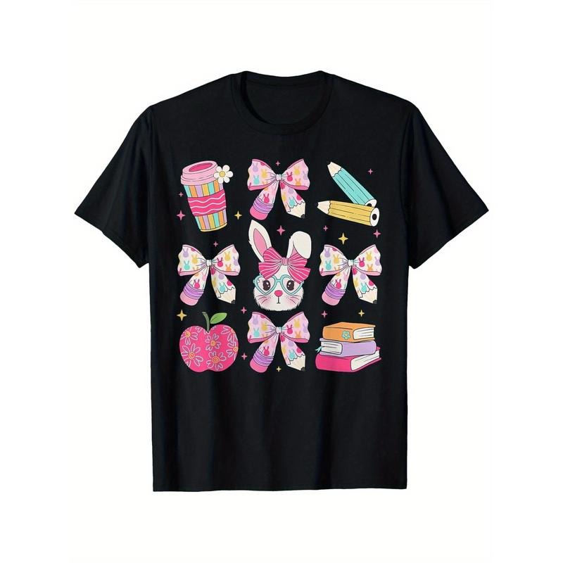 Coquette Bow Easter Bunny Teacher T-Shirt | 100% Cotton | Unisex Black Short Sleeve | Round Neck | Vibrant Digital Print...