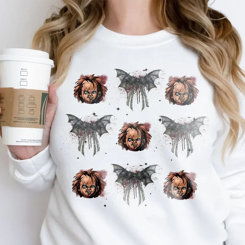 Coquette Bow Horror Chucky Sweatshirt, Horror Characters Sweatshirt, Horror Movies Shirt, Halloween Hoodie | GrindPrints.com
