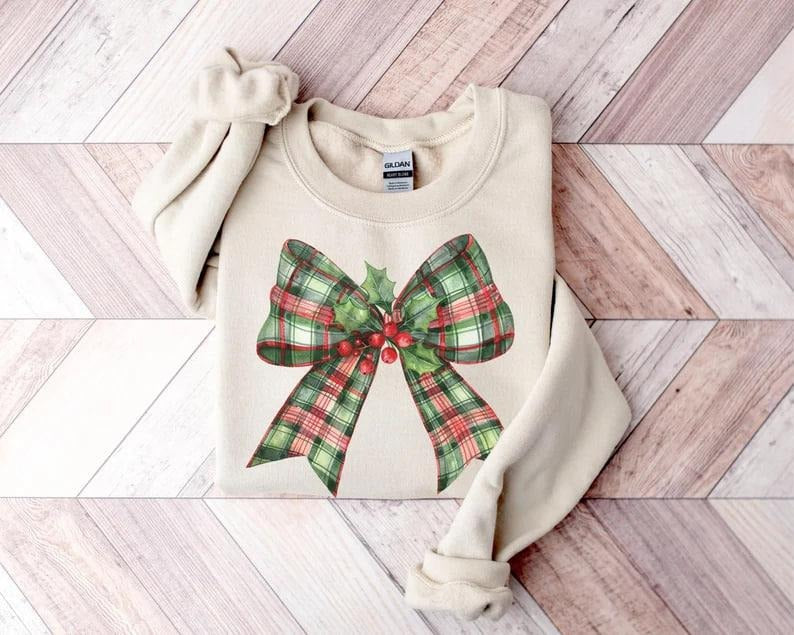 Coquette Christmas Sweatshirt, Christmas Bow Sweater, Holiday Crewneck, Cute Winter Sweatshirt, Women's Holiday Party...