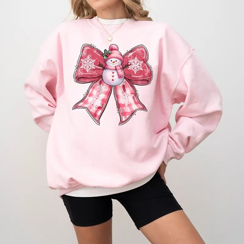 Coquette Christmas Sweatshirt, Winter Coquette Sweatshirt, Pink Winter Sweatshirt, Snowman Coquette Sweatshirt T-Shirts,...