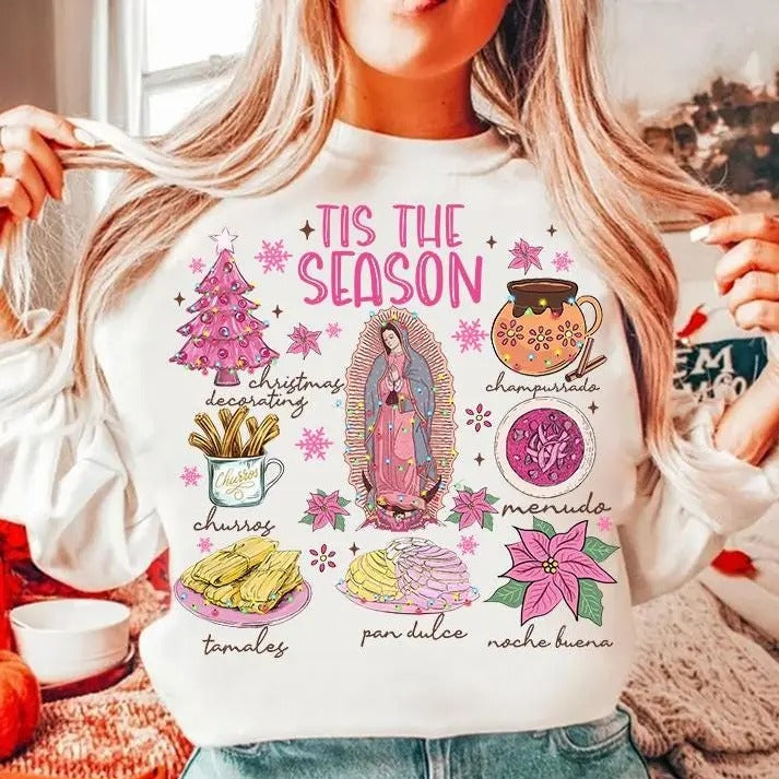 Coquette Christmas Tis The Season Tshirt Sweatshirt, Calories No Cuentan, Pink Spanish Christmas, Chocolate Abuelita,...