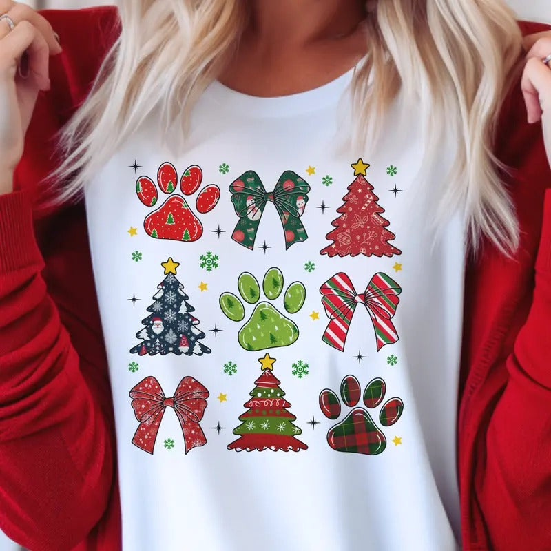 Coquette Dog Mama Tees Paw Christmas Collage Sweatshirt Merry Christmas Bow Tshirt Paw Print Christmas T-Shirt Coquette...