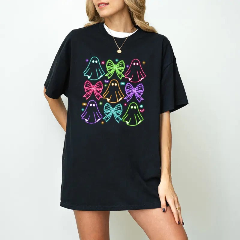 Coquette Halloween Neon T-Shirt, Halloween Ghost Neon T-Shirt, Halloween T-Shirt, Spooky Season T-Shirt, Social Club...