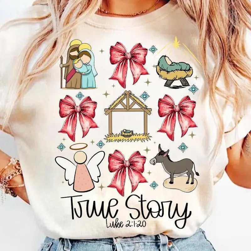 Coquette Jesus Christmas T-Shirt, Baby Jesus Nativity Scene Sweatshirt, True Story Oh Holy Night Bible Verse Clothing,...