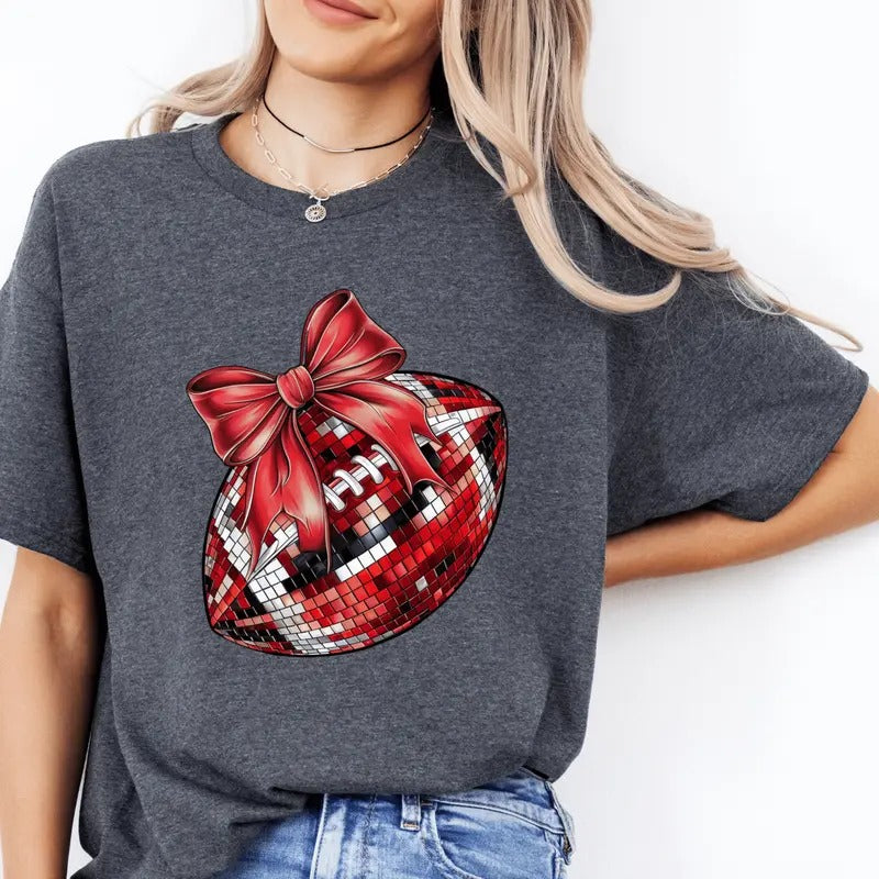 Coquette Red Bow and Football Shirt - Cute Football Season Graphic Tee - Casual Softstyle Unisex T-Shirt Hoodie, Sweatshirt