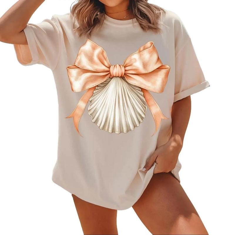 Coquette Seashell Coastal Tee, Retro Summer Bow Shirt, Summer Vibes Girly, Vintage Summer Girls Trip Casual Top, Gift for...