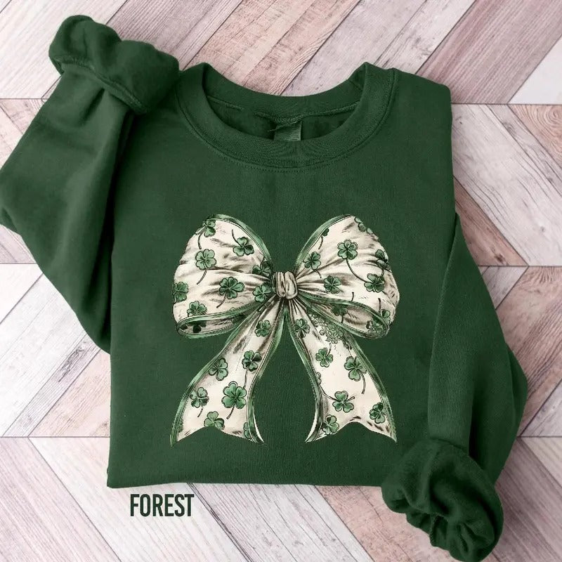 Coquette St Patrick's Day Bow Sweatshirt, Lucky Shamrock Shirt, Irish Bow Shirts Casual Classic Cotton Fabric Hoodie