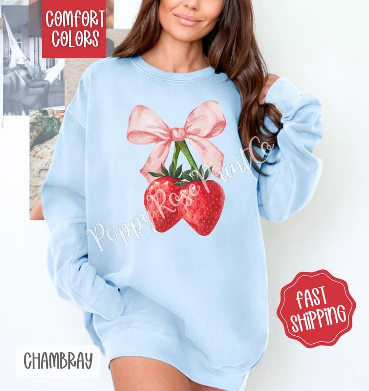 Coquette Strawberry Comfort Colors Sweatshirt, Fruit Summer Sweater, Cute Women's Crewneck T-Shirts, Hoodie | GrindPrints.com