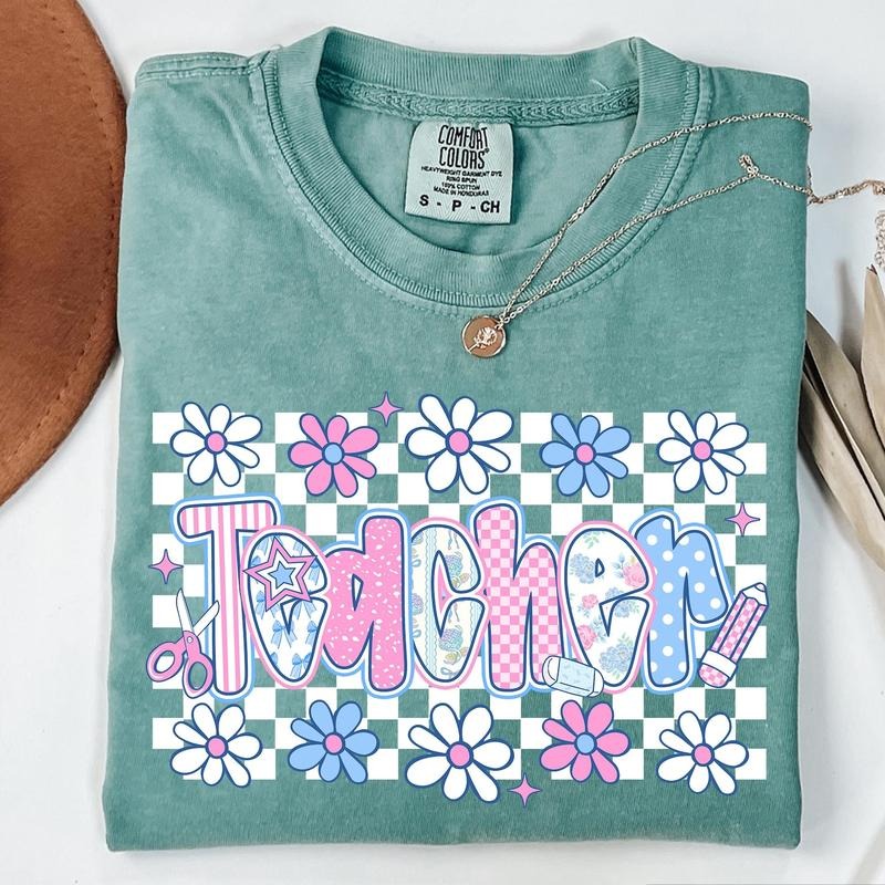 Coquette Teacher T-shirt, Preppy Floral Teacher Graphic Tee, Cute Pastel Back to School Shirt, Retro Girly Teacher Gift...