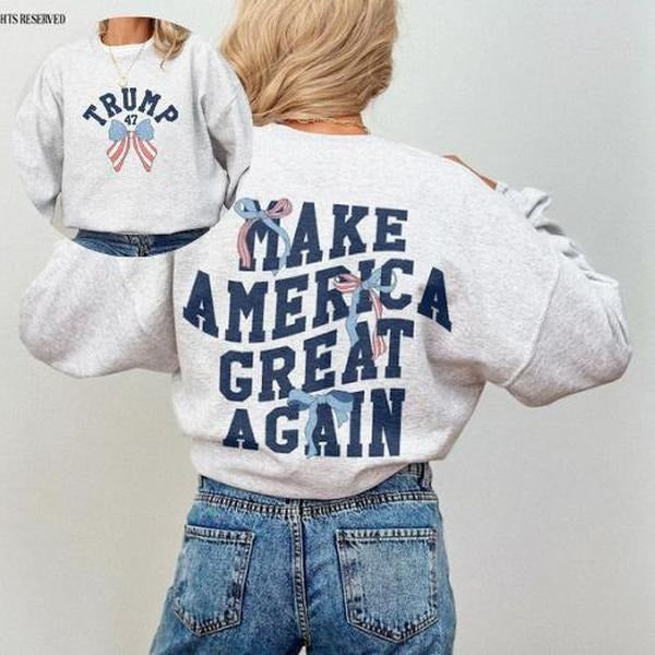Coquette Trump 47 Sweatshirt Preppy Varsity MAGA Sweater American Flag Republican Crewneck Cute Patriotic Bows Sweatshirt...