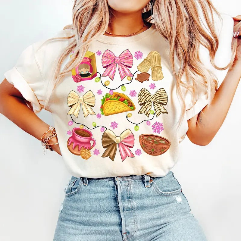 Coquette bow Christmas Mexican Shirt, Pantasmas Christmas Sweatshirt, Feliz Navidad Tee, Conchas Hoodie Cotton Fabric...