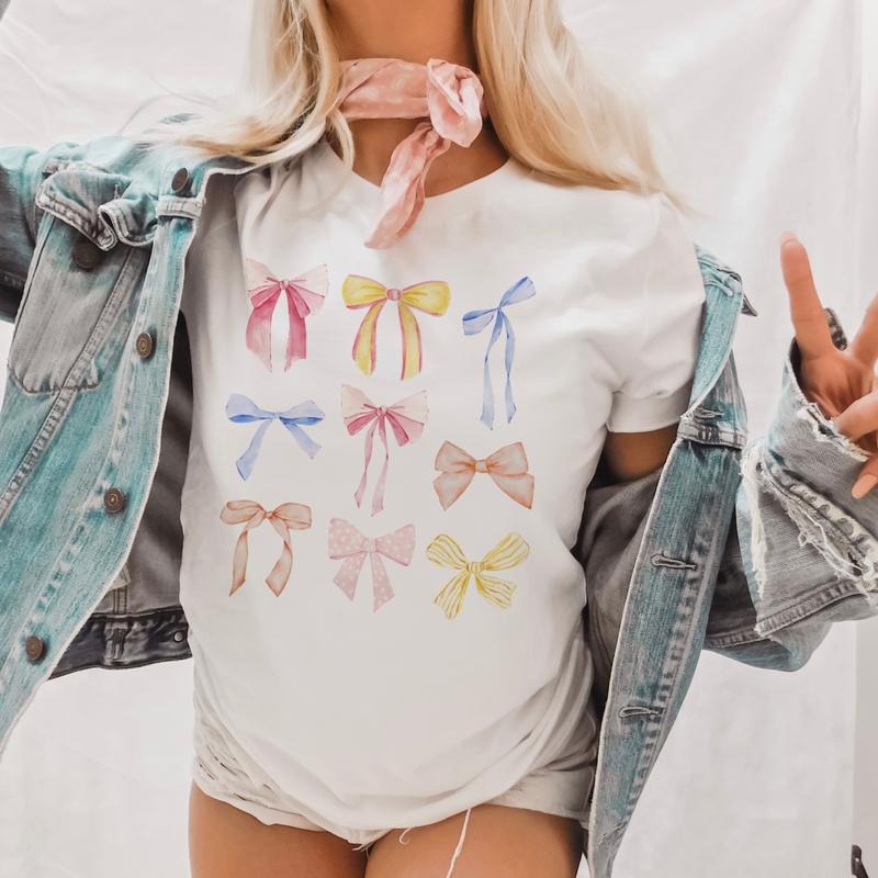 Coquette tee Pastel pink Bow Tshirts Bows and Easter Ribbon Collage T-Shirts Pink Bows Tees Womens Ribbon Collage Tshirts...