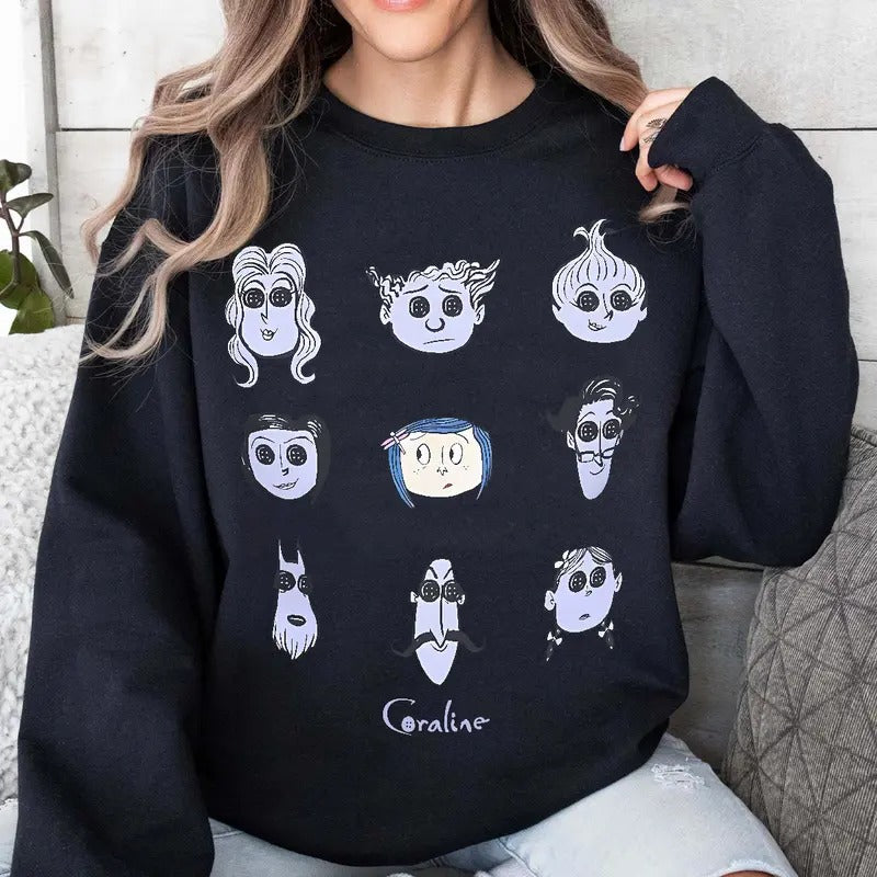 Coraline Button face all Characters T-Shirt, Horror Coraline movies, Horror Character Shirt, Halloween Crewneck...