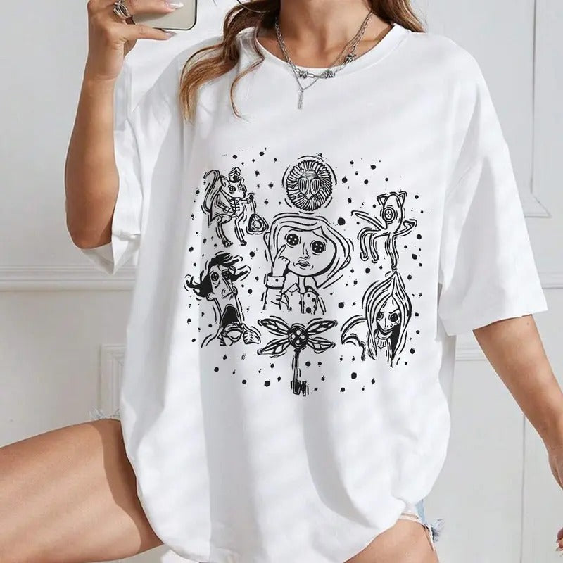 Coraline Doodle Shirt, Horror Coraline movies, Horror Character Shirt, Halloween Crewneck Sweatshirt Hoodie | GrindPrints.com