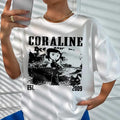 Coraline Est 2009 movies shirt, famous horror movies tshirt, Horror Character Shirt, Halloween Crewneck Sweatshirt Casual...