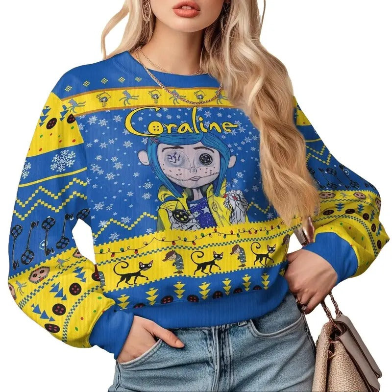 Coraline Ugly Sweater, Coraline Doll Holiday Sweatshirt, Button Eyes Xmas Sweater, Spooky Movie Christmas Sweater, Horror...