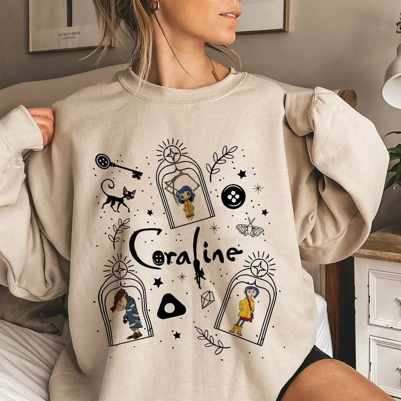 Coraline Wybie Doodle Shirt, Horror Coraline movies, Horror Character Shirt, Halloween Crewneck Sweatshirt Hoodie