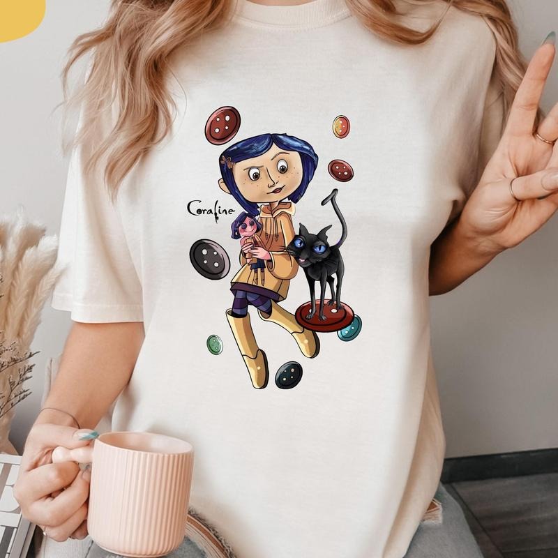Coraline and Cat Tshirt, TV Show 2000s Nostalgia Tim Burton Crewneck Sweashirt, Halloween Pink Palace Movie Cartoon...