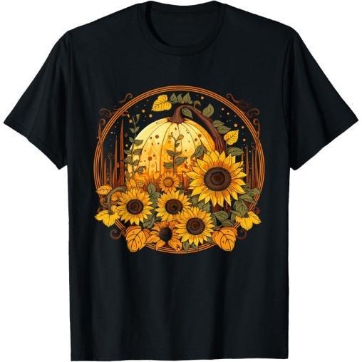 Cottagecore Pumpkin Fall Autumn Sunflowers Graphic T-Shirt Made in USA Hoodie, Sweatshirt | GrindPrints.com
