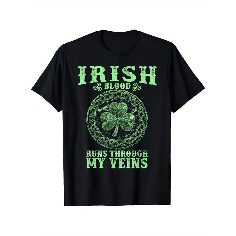 [Cotton St. Patrick's Day Tee] 100% Cotton, Breathable St. Patrick's Day "Irish Blood Runs Through My Veins" T-Shirt -...