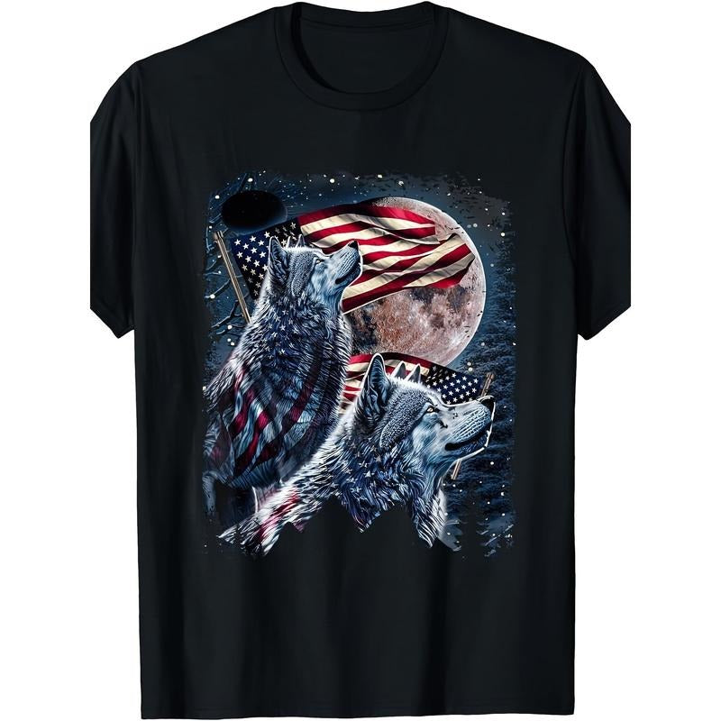Cotton Wolf 4th Of July American Flag Howling Wolves Under Moon T-Shirt Made in USA Hoodie, Sweatshirt | GrindPrints.com