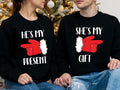 Couples Christmas Party Sweatshirt, She's My Gift Sweatshirt, He's My Present Hoodie, Husband Wife Christmas Gift Long...