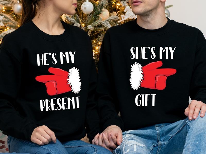 Couples Christmas Party Sweatshirt, She's My Gift Sweatshirt, He's My Present Hoodie, Husband Wife Christmas Gift Long...