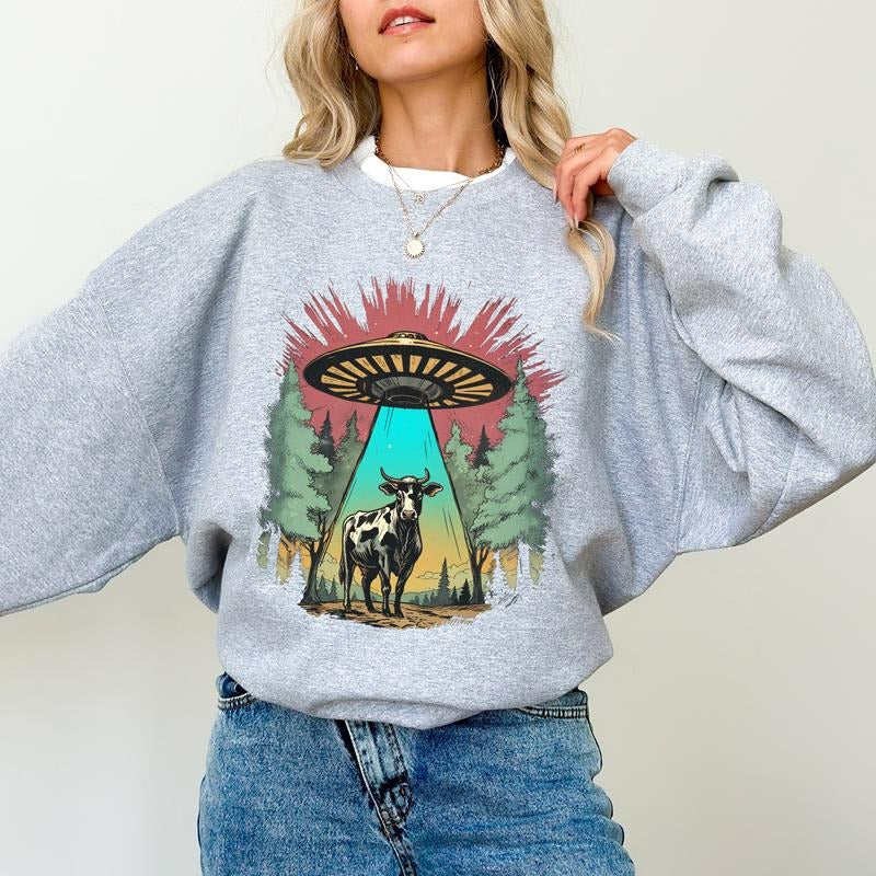 Cow Abduction Sweatshirt, Retro Graphic Alien Crewneck, Sarcastic Pullover Sweater, Funny Meme Gifts, Weird Tripping...