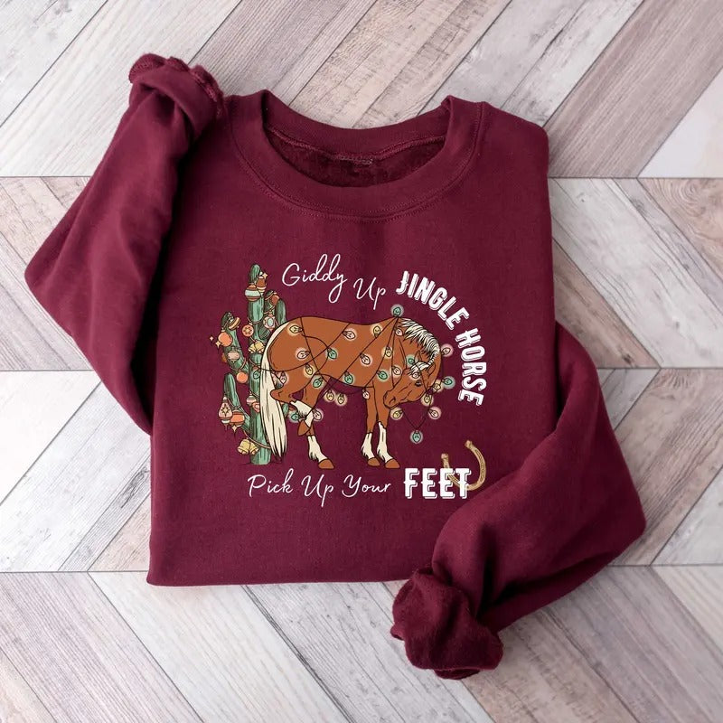 Cowboy Christmas Sweater, Giddy Up Jingle Horse Pick Up Your Feet, Howdy Country Christmas Horse, Cowgirl Shirt,...