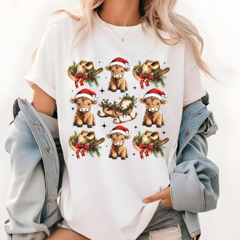Cowboy Hat Highland Cow Christmas Shirt, Cute Christmas Shirt, Graphic Shirt Retro Adult Shirt Vintage T-Shirt Cotton...