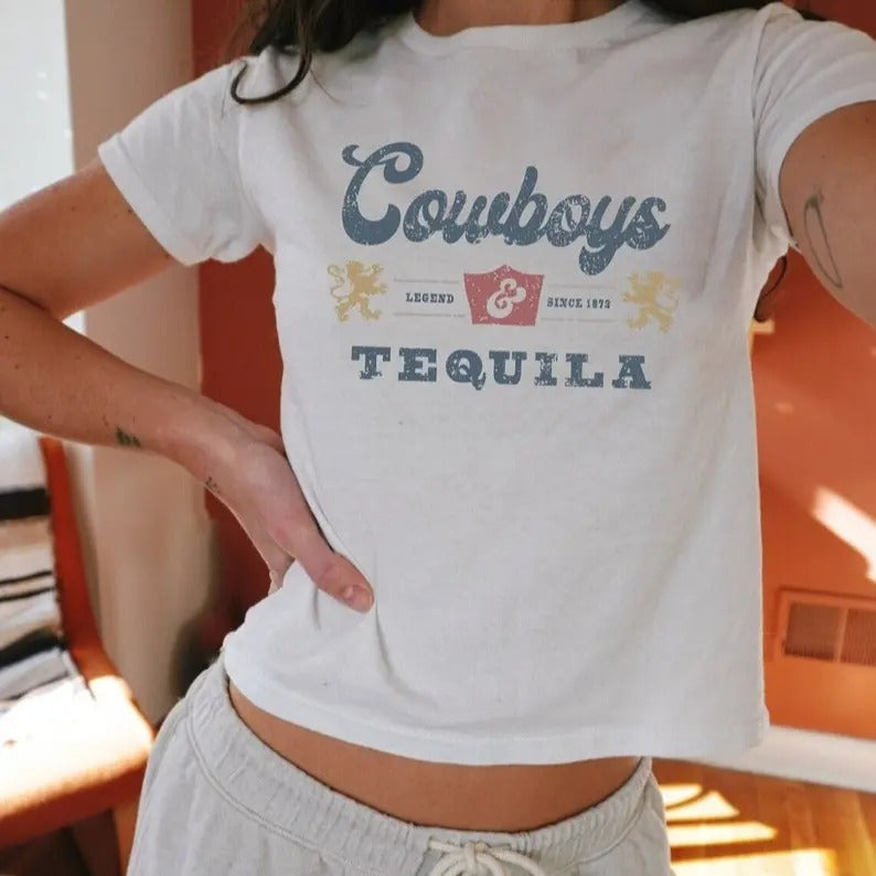 Cowboys & Tequila Baby Tee | Cute Trendy Baby Tee | Vintage Y2K Style | Cowgirl T-Shirt | Baby Tee For Women Hoodie,...
