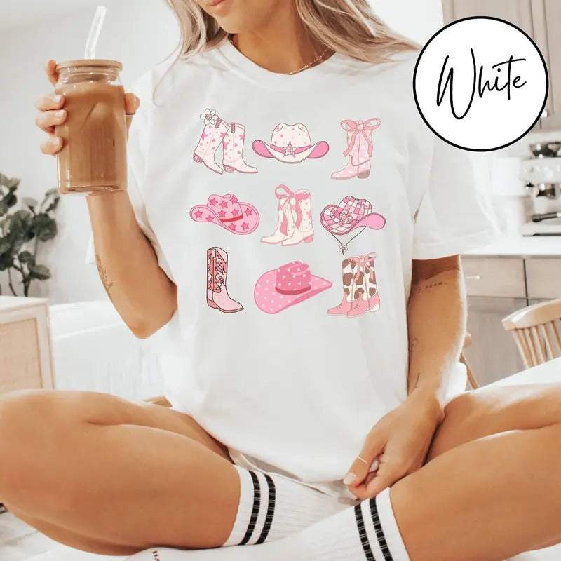 Cowgirl Boots and Hat Shirt - Pink Cotton Round Neck Tee - Unisex Western Graphic Design