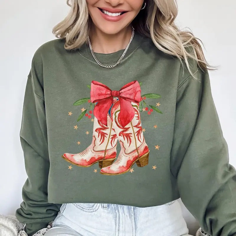 Cowgirl Boots, Cowboy, Bows, Mistletoe, Christmas, Santa, Country, Western, Xmas Sweatshirt, Women's Crew Neck, Crewneck...