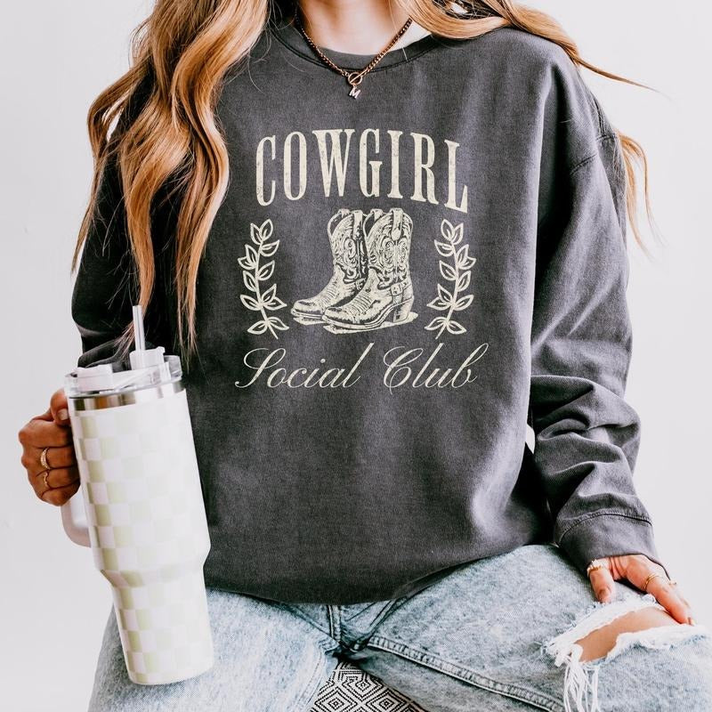 Cowgirl Social Club Sweatshirt Gift, #Western Boots for Women, Cozy Outfit, Vintage Cowgirl Sweater, American Country...