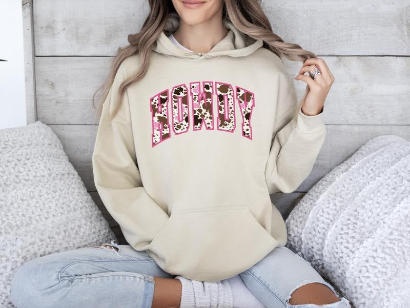 Cowprint "Howdy" Hoodie Casual Cotton T-Shirts, Sweatshirt | GrindPrints.com
