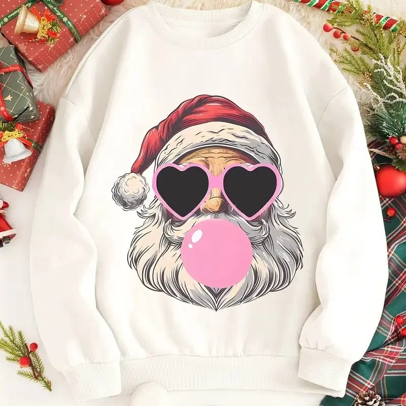 Cozy Christmas Santa Print Sweatshirt, Pink Santa Retro Christmas T-Shirts, Women Pink Christmas Matching Family...