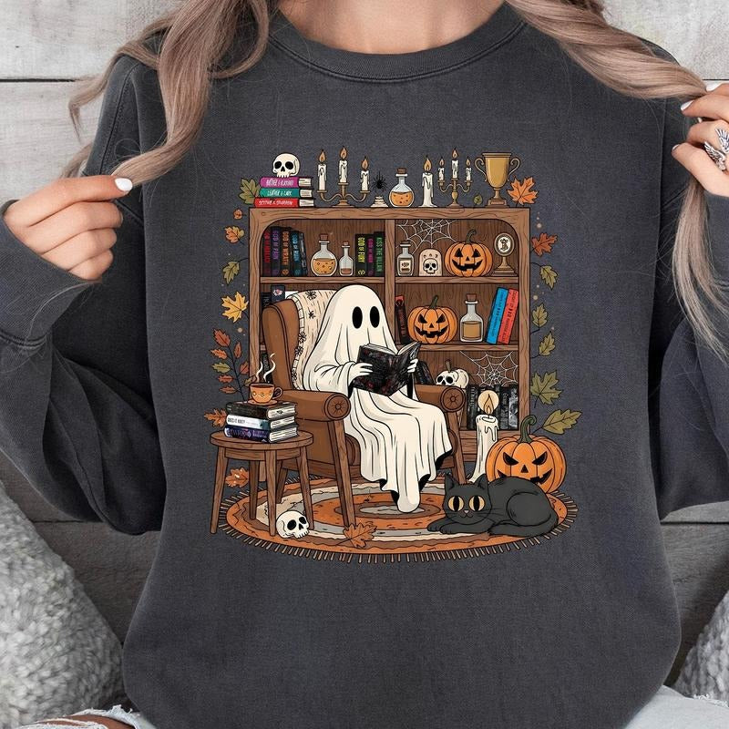 Cozy Ghost Reading Halloween Sweatshirt, Halloween Books Comfort Colors Sweater, Haunting Adeline Sweatshirt, Fall...