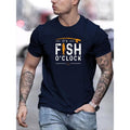 Creative IT'S FISH O'CLOCK Graphic Print, Men's Crew Neck Short Sleeve T-shirt, Casual Comfy Fit Top For Summer Made in...