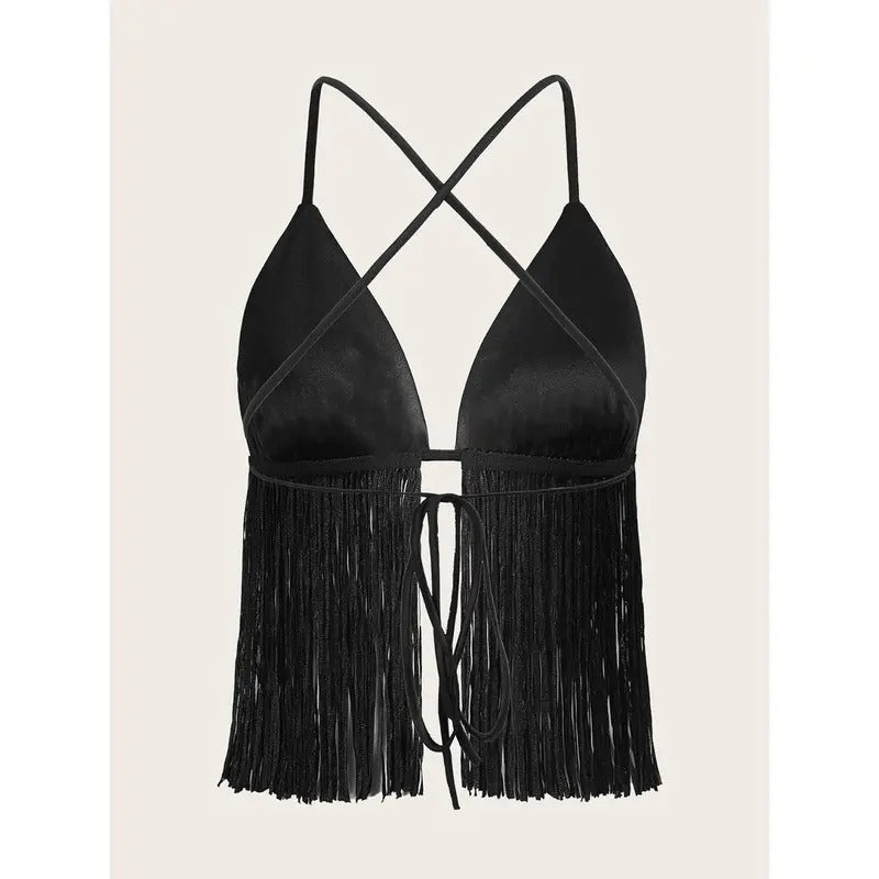 Crisscross Tie Backless Fringe Hem Sleeveless Satin Crop Cami TopY2K T-Shirts, Hoodie, Sweatshirt | GrindPrints.com