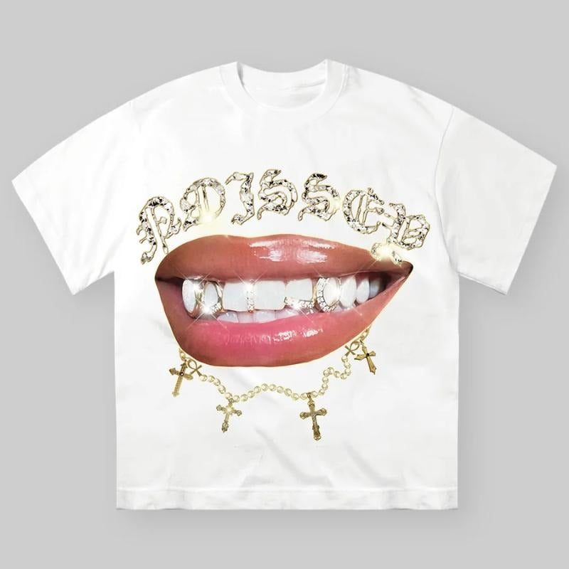 Cross Shiny Lip Print T-shirt, Vintage Graphic Tee, Y2k Clothing, Unisex Cotton Crewneck T-Shirt