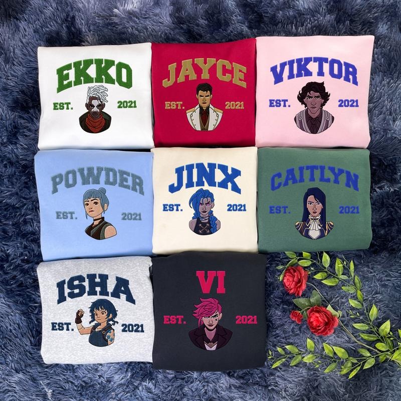 Custom Arcane Characters Embroidered Sweatshirt, Jinx Vi Caitlyn Isha Embroidery Hoodie, Arcane Movie Shirt | GrindPrints.com