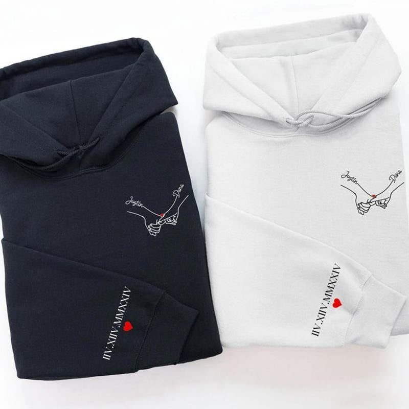 Custom Couple Pinky Promise Matching Crewneck Sweater, Hoodie with Roman Numeral Date on Sleeve, Valentines Day Gift,...