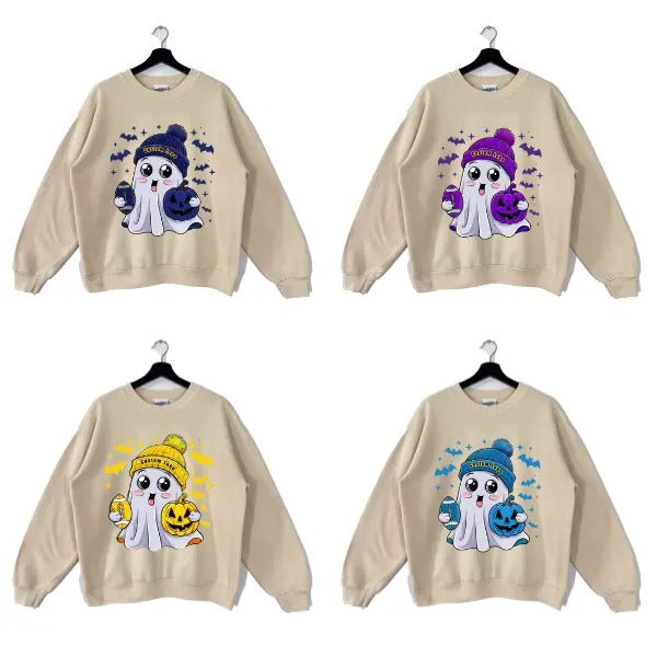 Custom Cute Ghost All Team Football Sweatshirt, Halloween Football Fan Ghost with Pumpkin T-Shirts, Hoodie | GrindPrints.com