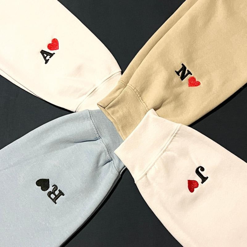 Custom Embroidered Initial Heart Sweatshirt, Personalized Couples Hoodie, Valentines Couple Initials, Matching Sleeve...