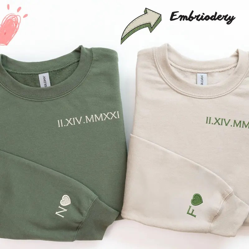 Custom Embroidered Roman Numeral Sweatshirt | Date, Heart and Initial On Sleeve | Personalized Couples Gifts | Couple...