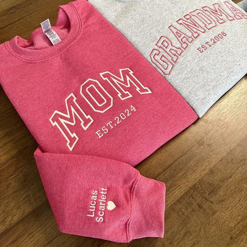 Custom Embroidered Sweatshirt, Name On Sleeve With Heart, Grandma Shirt With Date, Mama Est Year Shirt, Gift For New Mom,...