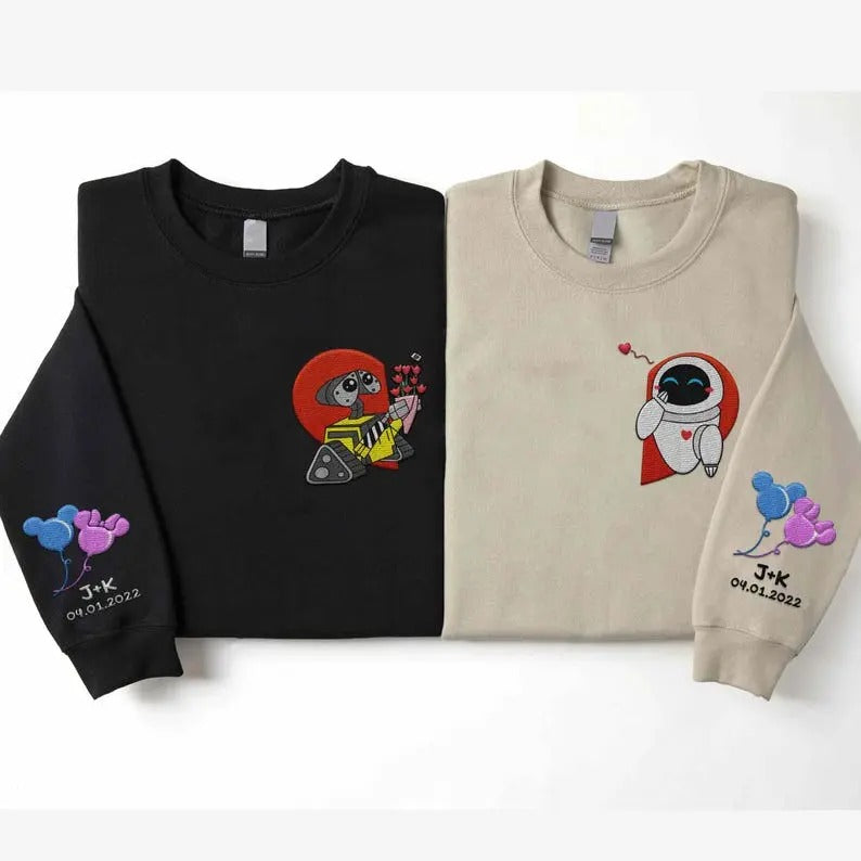 Custom Embroidered Wall-e and Eve Couple Sweatshirt, Personalized Name On Sleeve Embroidery, Wedding Anniversary Gift For...