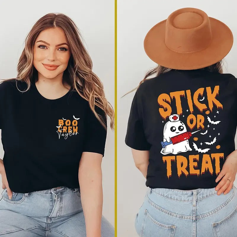 Custom Ghost Nurse Halloween Shirt, Stick Or Treat Shirt, Spooky Nurse Phlebotomy Tech Halloween Nurse Shirt, Hospital...