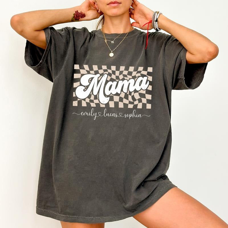 Custom Mama Comfort Colors Shirt, Checkered Mama T-shirt, Personalized Children's Name Mom Clothing, Mother's Day Gift,...