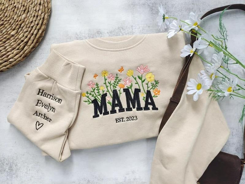 Custom Mama Embroidered Floral Custom Mama Names Heart Sleeve New Mom T-Shirts, Hoodie, Sweatshirt
